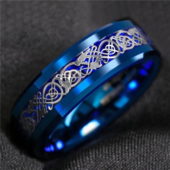 Men's Wedding Band Ring - Blue Celtic Dragon Carbon Fiber - Wedding Rings - Picture 4 of 6